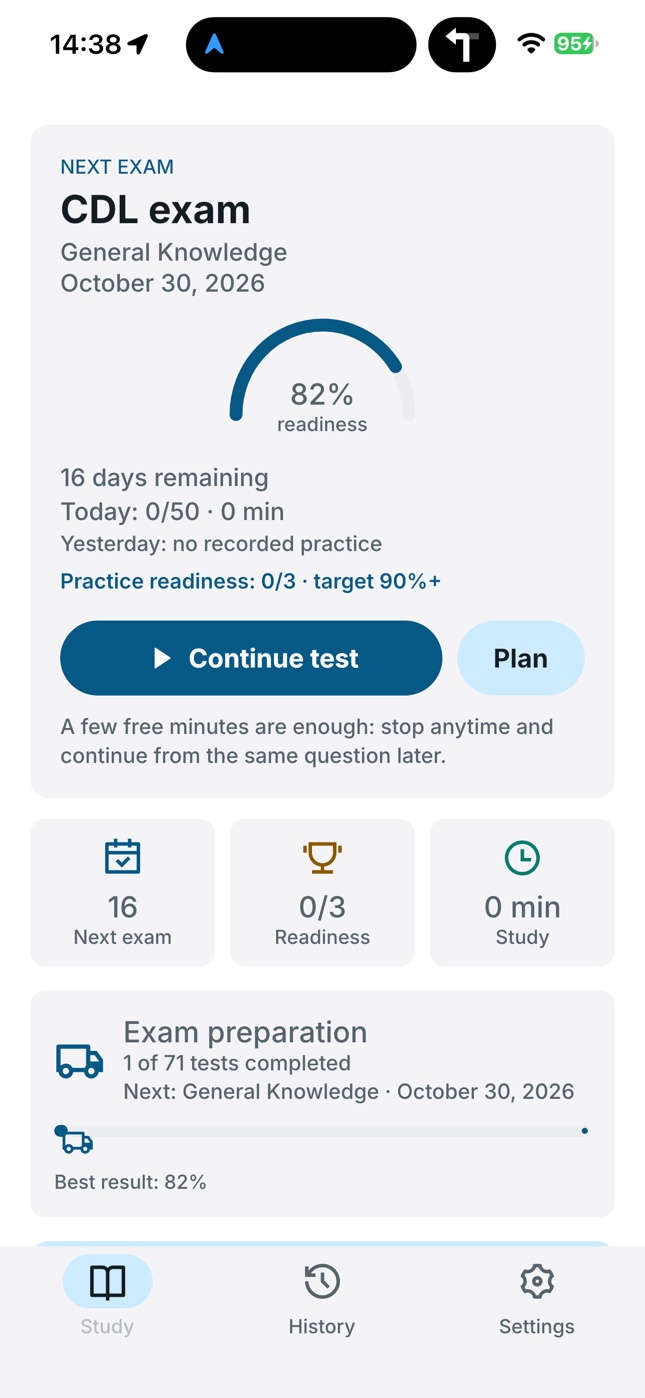 CDL Ready study screen in English showing exam readiness, study time, and exam preparation